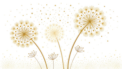 Elegant golden dandelion seed heads illustration with glittering particles scattering across a white background