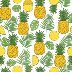 Vibrant Tropical Pineapple and Green Leaf Seamless Pattern on White Background