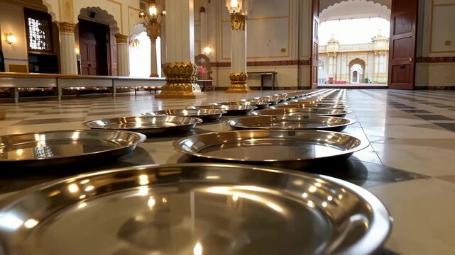 Langar Preparation Steel Plates Arranged for Sikh Community Kitchen Serving Food, Guru Nanak Jayanti celebration