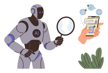 AI robot holding magnifying glass analyzing data, smartphone with verification code, user security and clearance concept. Ideal for AI, cybersecurity, innovation, technology, authentication, privacy