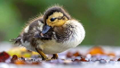 Adorable duckling preening its feathers near some fallen leaves, set against a soft green background