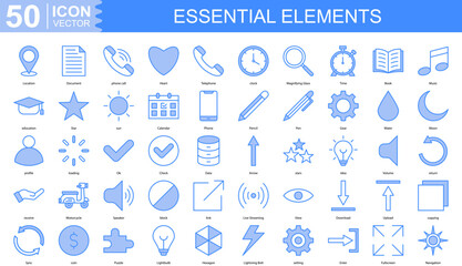 Essential Elements icon collection set. Containing Location, Document, phone call, Heart, Telephone, clock icon