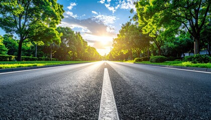 Fototapeta premium Straight Asphalt Road Lined With Lush Green Trees Under a Bright Sunny Sky With Clouds