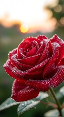 Dew-Kissed Crimson Rose in Golden Hour Sunlight, Macro Beauty.