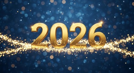 Golden 3d numbers of the year 2026 illuminated with sparkling festive lights and bokeh effects on a dark blue background symbolizing celebration and the future