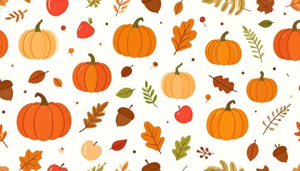 Autumnal pattern pumpkins, apples, leaves, and acorns scattered on a white background