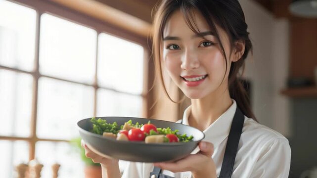 Young woman holding bowl with fresh vegetable salad and healthy food smiling happily in cozy kitchen with natural light and plants