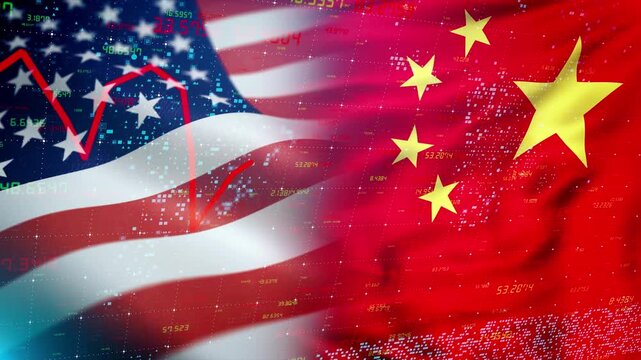 Financial codes flow across US and China flags, marking power transition