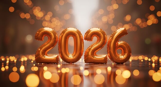 Golden 2026 balloons float in a celebratory atmosphere with bokeh lights and reflections symbolizing new beginnings and future aspirations