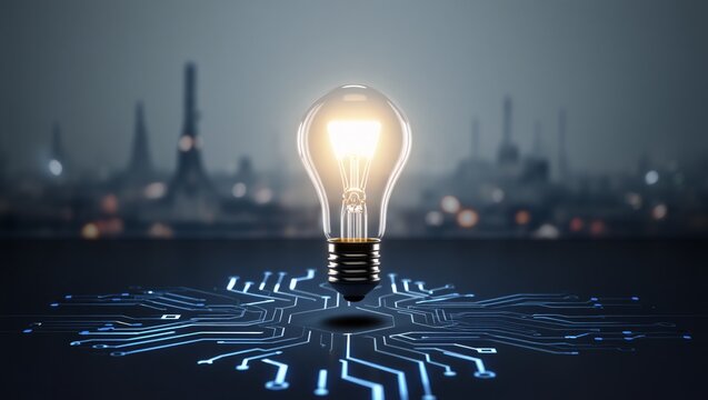 Glowing light bulb rests on futuristic circuit board with blurred cityscape background