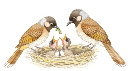 Soft Watercolor of a Happy Bulbul Family