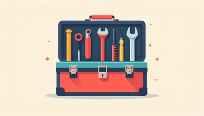 Open toolbox with various tools inside, illustration.