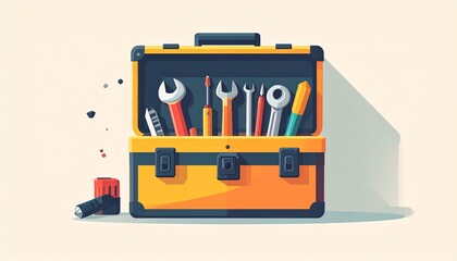 Illustration of an open yellow toolbox filled with various tools.
