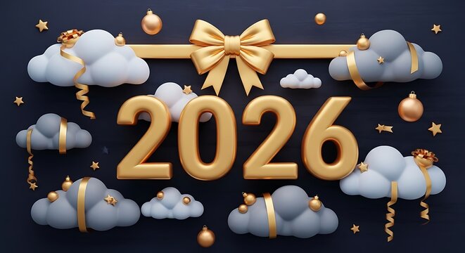 Golden 2026 numbers adorned with clouds and a festive yellow bow celebrating the new year with a touch of whimsy and elegance