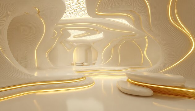 Futuristic zen interior with clean lines AI sounds and golden ambient lighting