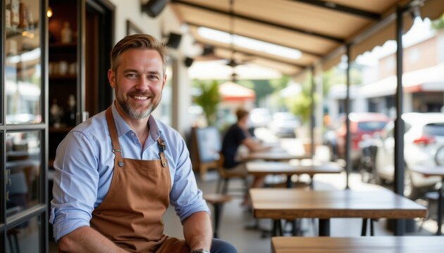 Smiling Young Man in Apron Sitting Outside a Coffee Shop on a Sunny Day with Busy Street in Background - Powered by Adobe