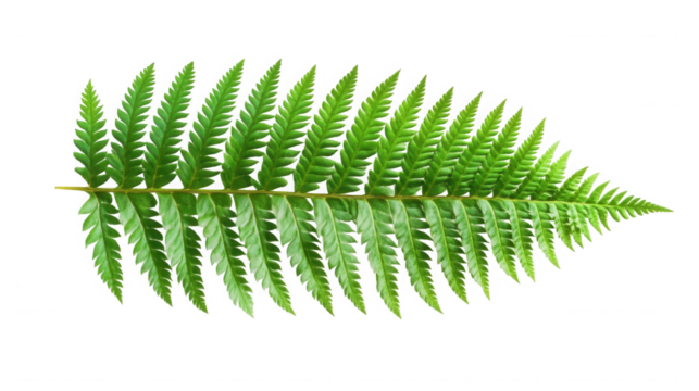 A single fern frond with many leaflets isolated against a black background in a studio shot image on transparent background