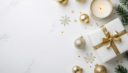 Fototapeta premium Elegant Holiday Flatlay with Candle and Gift Box