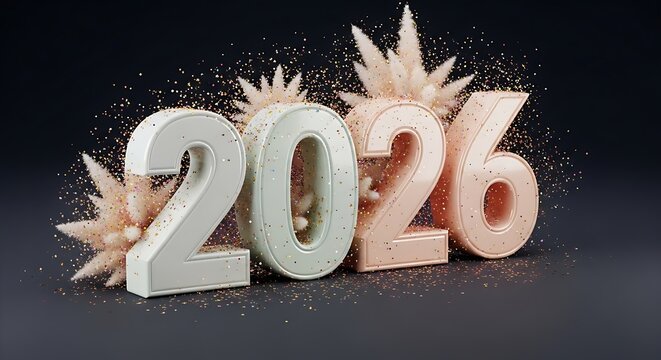 Elegant 3d rendering of the year 2026 in large textured numbers with sparkling confetti and abstract decorative elements against a dark background symbolizing celebration and new beginnings for the up