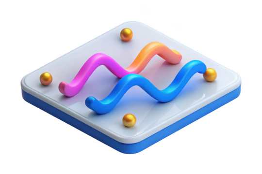 3d abstract colorful waves with golden spheres on platform render illustration design element isolated on transparent background