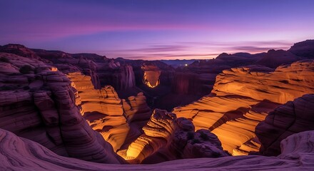 Dramatic Canyon Landscape at Twilight - Glowing Rocks Under Purple Sky.