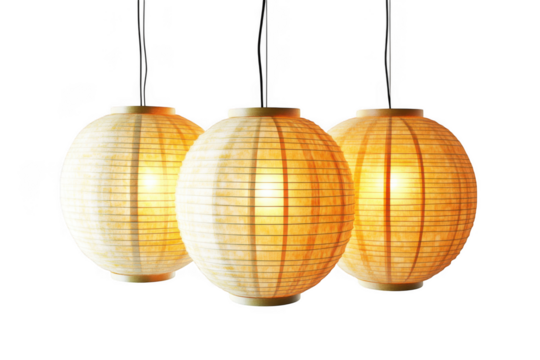 Three hanging paper lanterns illumination fixtures asian decor japanese style lamps png image isolated on transparent background