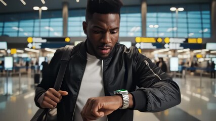 Man Checking Smartwatch at Airport Terminal Before Walking to Gate - Powered by Adobe