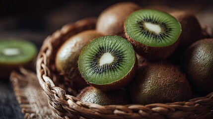A rustic woven basket filled with fresh, juicy kiwi fruits, with one sliced in half to reveal its vibrant green interior on a wooden table