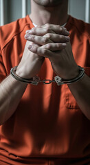 A man wearing an orange jumpsuit, hands clasped, is bound by handcuffs. This image speaks to the themes of confinement and the loss of freedom.