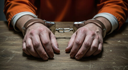 Close-up shot captures hands cuffed on the table, the picture explores themes of constraint, legal consequences, and social justice.