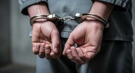 Close-up of restrained hands in handcuffs, symbolizing law, crime and justice. The image is a striking visual of incarceration, criminal justice, and societal consequences.