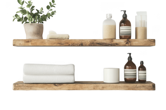 Rustic wooden bathroom shelves with towels, soap dispensers, and plant decoration png image, interior design elements, isolated on transparent background