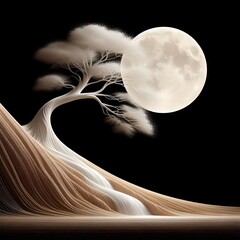 Elegant Tree on Sand Dunes under Full Moon &ndash; Minimalist Surreal Landscape
