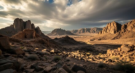 Dramatic Desert Peaks Bathed in Golden Light Under a Stormy, Cloud-Filled Sky.