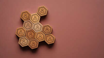Conceptual network of human resources connected by hexagonal blocks on pink background