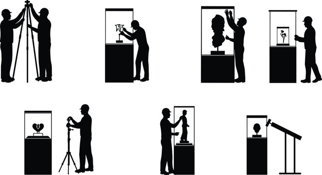 Museum workers installing artwork and sculptures in glass display cases, professional exhibition setup, artifact handling and gallery preparation with careful positioning