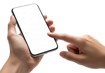 Hand holding mobile phone touching screen mockup smartphone device technology isolated on transparent background