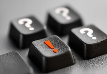 Close-up of computer keyboard keys with an exclamation point and question marks