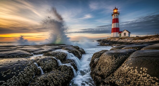 Dramatic Lighthouse Amidst Crashing Waves and Golden Sunset Sky.