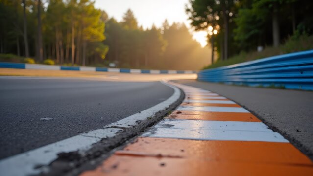 Empty race track curve with vibrant kerbs and surrounding trees.