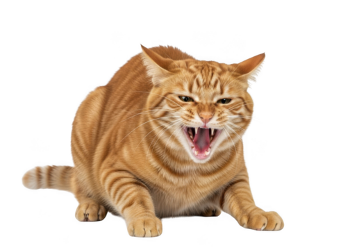 Aggressive orange tabby cat growling snarling feline pet animal angry kitten isolated on transparent background