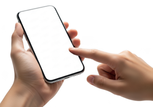 Hand holding mobile phone touching screen mockup smartphone device technology isolated on transparent background