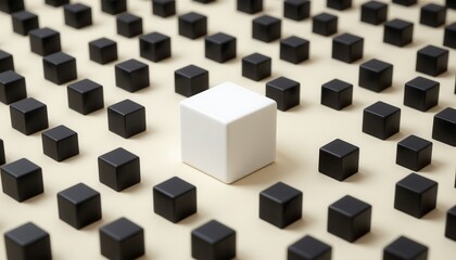 Obraz premium Unique White Cube Surrounded by Numerous Black Cubes on a Minimalist Background for Creative Concepts