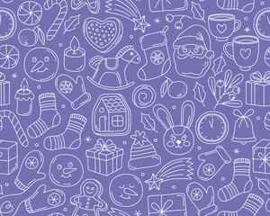 Christmas seamless pattern, doodle outline illustrations on blue background. Santa, gifts, gingerbread, mittens, toys, candles, festive Christmas and New Year icons.