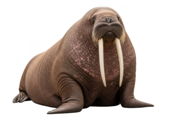 Detailed walrus portrait with long tusks, marine mammal, arctic wildlife, sea creature, animal photography, isolated on transparent background