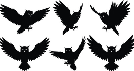 Set of flying owl silhouettes with wings spread wide in various dynamic poses, representing wisdom, mystery, and the beauty of nocturnal nature