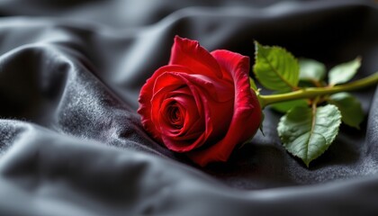 Single Red Rose on Soft Black Satin Textile Background Ideal for Romantic or Elegant Themes in Visual Media