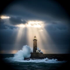 Dramatic Lighthouse Beacon - Sunbeams Pierce Stormy Clouds over Crashing Waves.