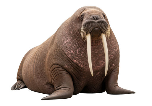 Detailed walrus portrait with long tusks, marine mammal, arctic wildlife, sea creature, animal photography, isolated on transparent background