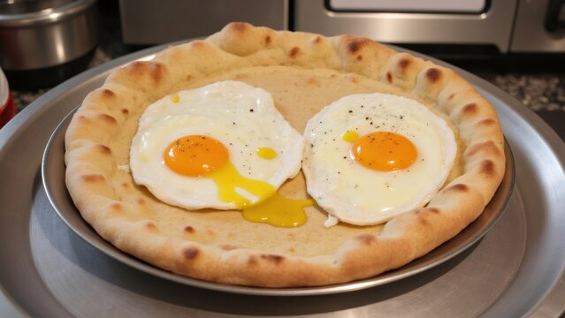 Sunny-side up eggs on flatbread pizza, a tasty breakfast or brunch - Powered by Adobe